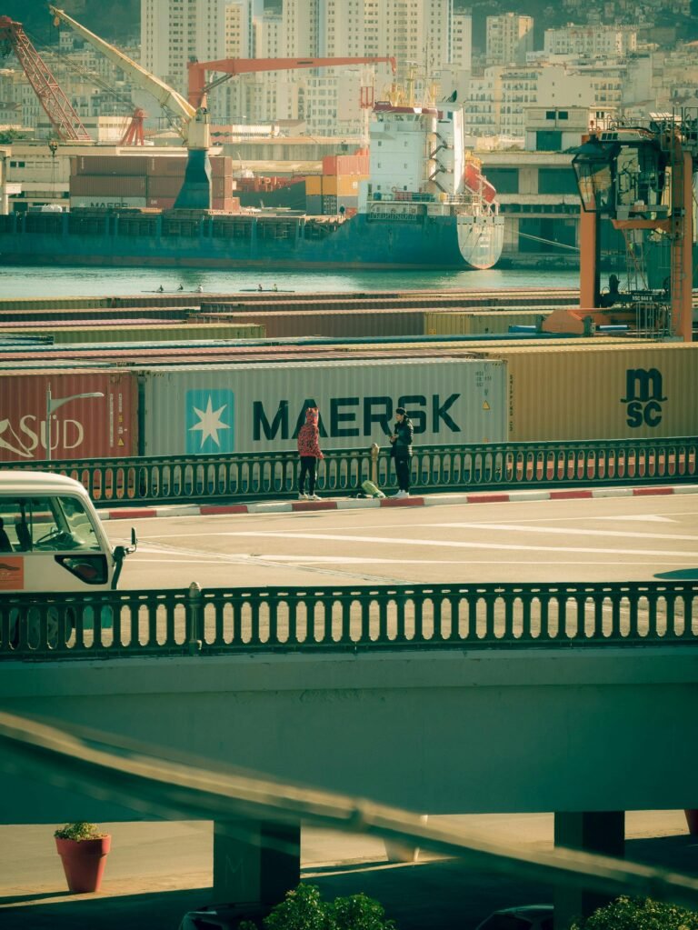 A vibrant harbor scene in Algiers with container ships and bustling activity, perfect for commercial use.